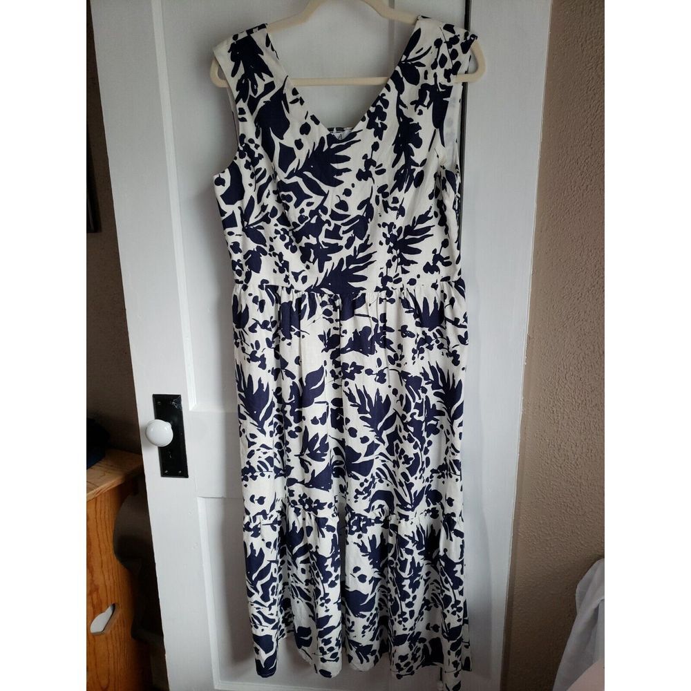NWT Magaschoni Womens Bold Shadow Fauna Floral‎ Linen Midi Dress Blue White 8